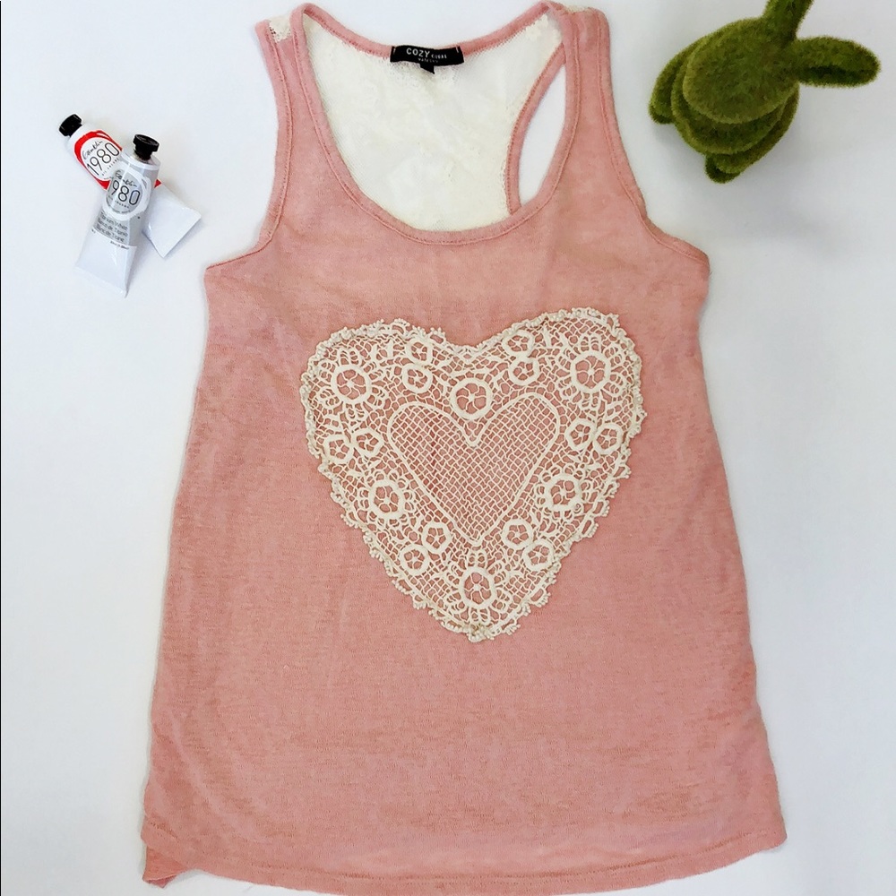 Pink Tank top with heart shape lace